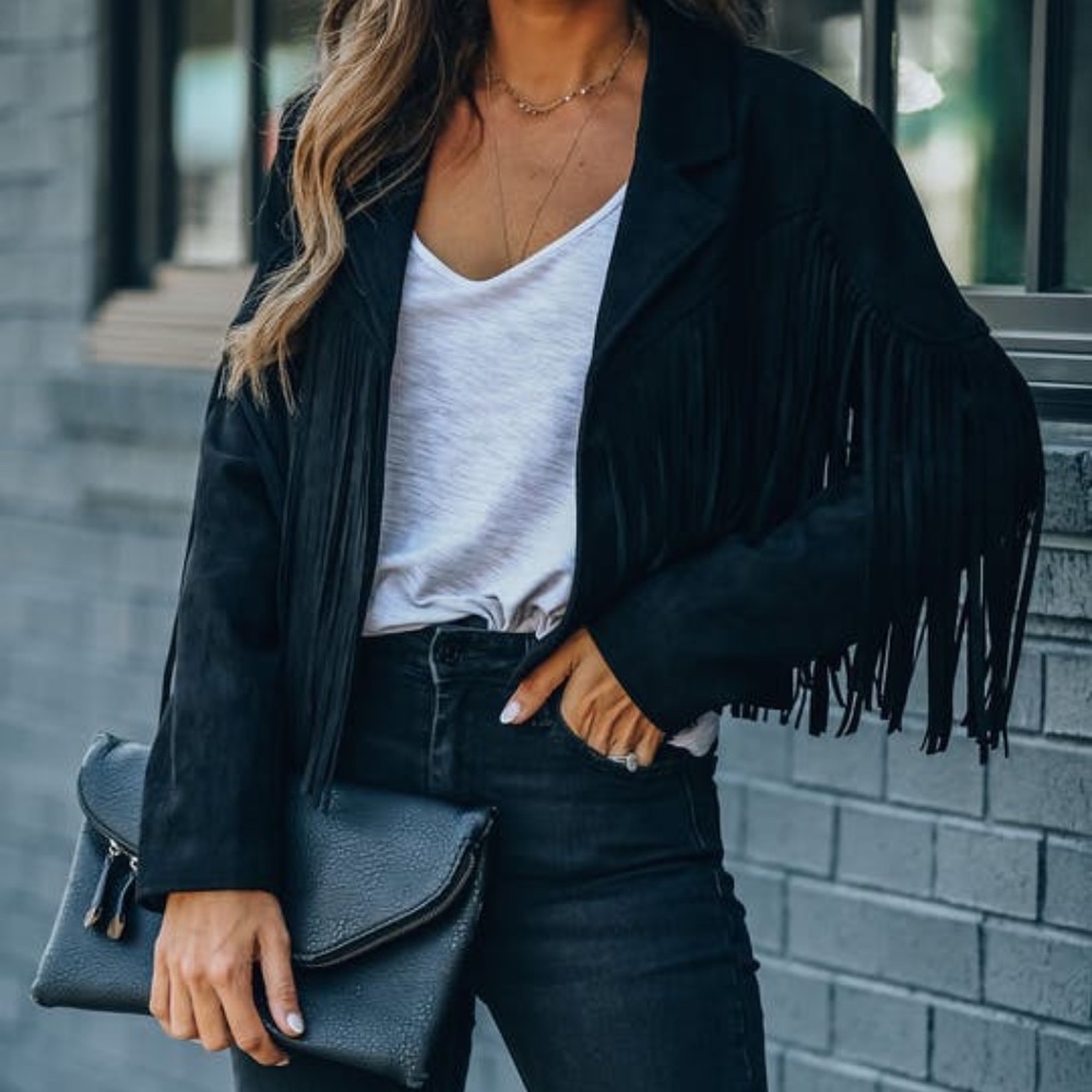SOLD OUT Black Faux Leather Suede Fringe Cropped Western Boho Moto Jacket - Picture 1 of 8